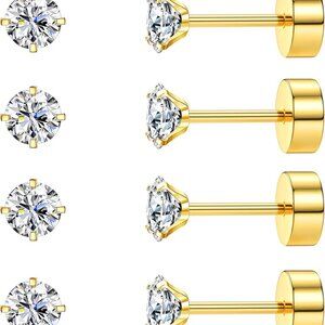 Six-Pairs Gold 20G Stainless Steel Cartilage Earrings Set with CZ for Women Men